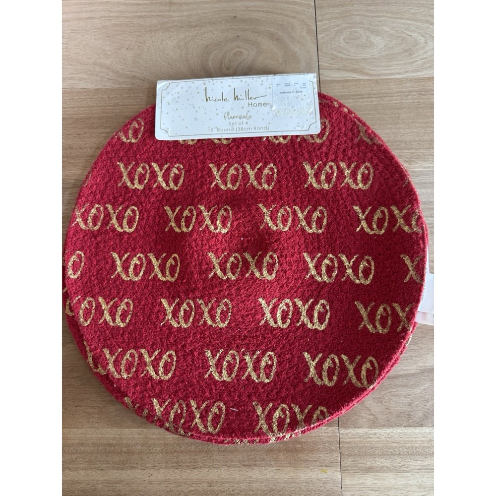 Nicole Miller Home XOXO Red & Gold Cotton Placemats Set of 4 15" Round Valentine